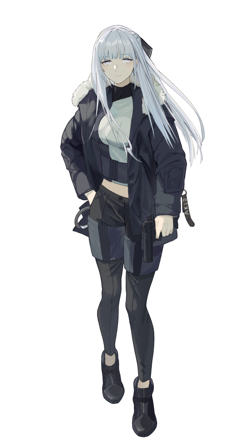 1girl absurdres ak-12_(girls'_frontline) alkaid bow eyebrows_visible_through_hair full_body fur fur-trimmed_jacket fur_collar fur_trim girls_frontline gun hair_bow hand_in_pocket handgun highres holding holding_gun holding_weapon jacket long_hair looking_at_viewer midriff ponytail silver_hair simple_background solo violet_eyes weapon white_background