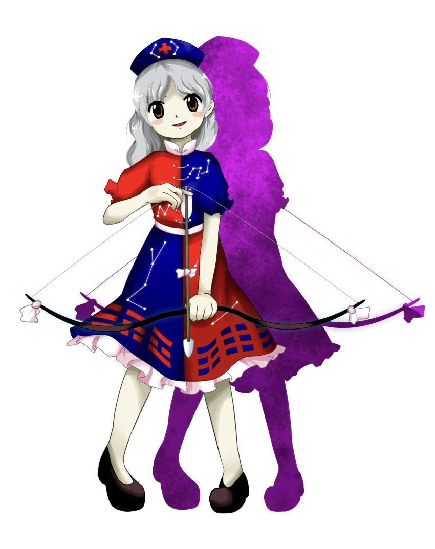 1girl arrow_(projectile) bangs black_footwear blue_dress bow bow_(weapon) collared_dress constellation constellation_print cross dress frilled_dress frills hat highres kaisouou_konbu long_hair looking_at_viewer multicolored_clothes multicolored_dress nurse_cap parted_bangs puffy_short_sleeves puffy_sleeves red_cross red_dress sash shadow shoes short_sleeves silver_hair simple_background solo weapon white_background white_bow yellow_eyes zun_(style)