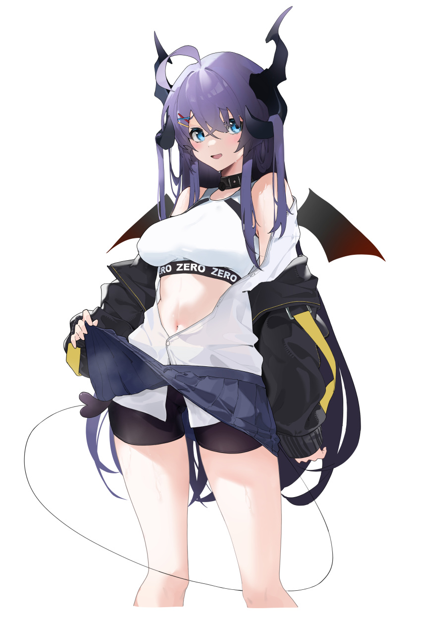 1girl :d absurdres ahoge ass_visible_through_thighs bangs bare_shoulders bikini bikini_top_only black_jacket black_shorts black_skirt blue_eyes blush breasts clothes_lift clothes_writing collar commentary_request cropped_legs demon_girl demon_horns demon_tail demon_wings eyebrows_visible_through_hair hair_ornament hairclip highres horns jacket lifted_by_self long_hair long_sleeves looking_at_viewer mark_jin medium_breasts navel open_clothes open_jacket open_mouth open_shirt original purple_hair shirt shorts skirt skirt_lift smile solo sports_bra standing swimsuit tail very_long_hair white_shirt wings x_hair_ornament