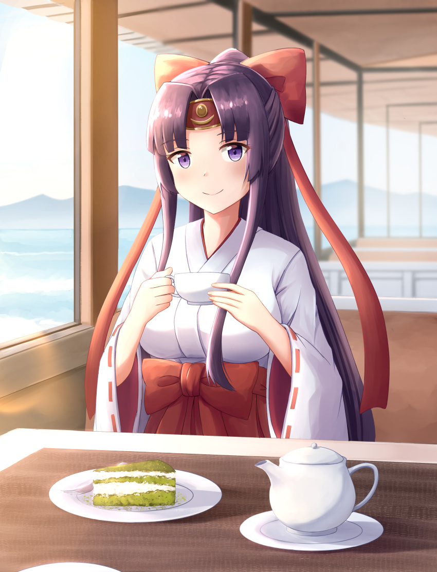 1girl absurdres bangs black_hair blush breasts cake cake_slice commentary_request commission cup day food hair_ribbon hakama headband highres holding holding_cup indoors japanese_clothes kuneamorai large_breasts light_blush long_hair long_sleeves miko parted_bangs plate ponytail queen's_blade queen's_blade_unlimited red_hakama ribbon scenery sidelocks sitting smile solo spoon table tea teacup teapot tomoe tomoe_(queen's_blade_unlimited) violet_eyes wide_sleeves