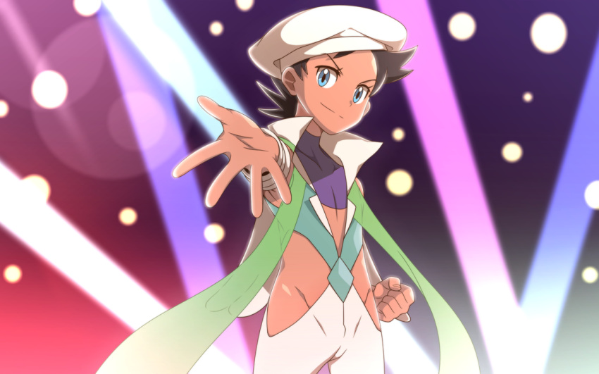 1boy bangs blue_eyes brown_hair capelet clenched_hand closed_mouth commentary_request cosplay cowboy_shot dark-skinned_male dark_skin eyelashes goh_(pokemon) hat lens_flare looking_at_viewer male_focus outstretched_hand pants pokemon pokemon_(anime) pokemon_swsh_(anime) potential_(eukhwhjritd9iik) purple_shirt shirt short_hair smile solo split_mouth wallace_(pokemon) wallace_(pokemon)_(cosplay) white_capelet white_headwear white_pants