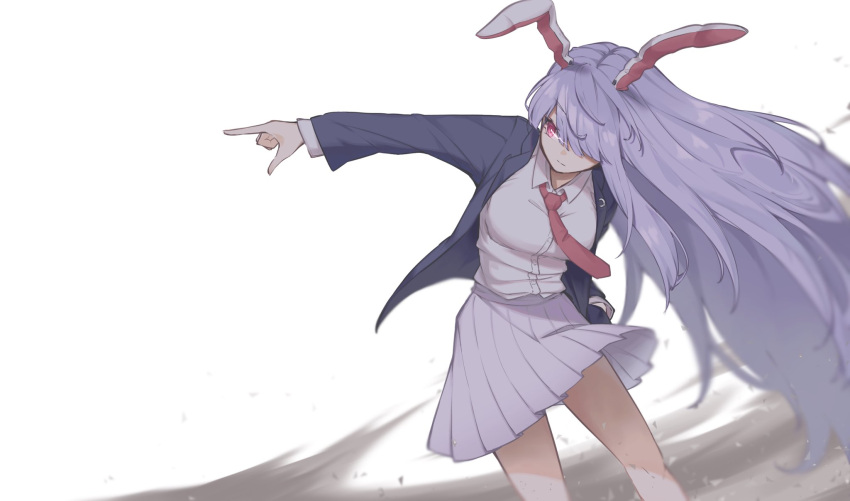 1girl animal_ears bangs blazer blouse breasts buttons collared_blouse crescent finger_gun garasuno glowing glowing_eyes hair_over_one_eye hand_in_pocket highres jacket large_breasts light_purple_hair long_hair long_sleeves miniskirt moon_rabbit necktie one_eye_covered outstretched_arms pleated_skirt pointing purple_hair purple_skirt rabbit_ears rabbit_girl red_eyes red_necktie reisen_udongein_inaba shirt skirt solo thighs touhou very_long_hair white_blouse white_shirt wind