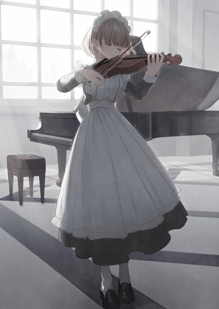 1girl absurdres apron bangs black_dress black_footwear brown_hair closed_eyes closed_mouth commentary_request day dress eyebrows_visible_through_hair frilled_apron frills grand_piano highres holding holding_instrument indoors instrument loafers long_sleeves maid maid_apron maid_headdress music original pantyhose piano piano_bench playing_instrument shii_(kairi-t-k0317) shoes solo standing sunlight violin white_apron white_legwear window