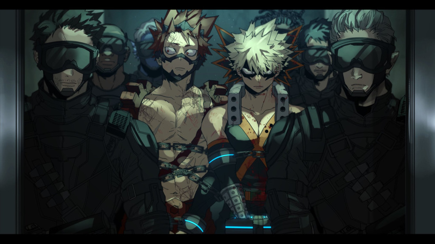 6+boys abs bakugou_katsuki blonde_hair blood blood_on_chest blood_on_clothes boku_no_hero_academia captured chain cuffs dark-skinned_male dark_skin elevator facial_hair goggles handcuffs highres kirishima_eijirou letterboxed looking_at_another male_focus multiple_boys pectorals red_eyes redhead scallopojisan scar_on_stomach spiky_hair straight-on stubble toned toned_male