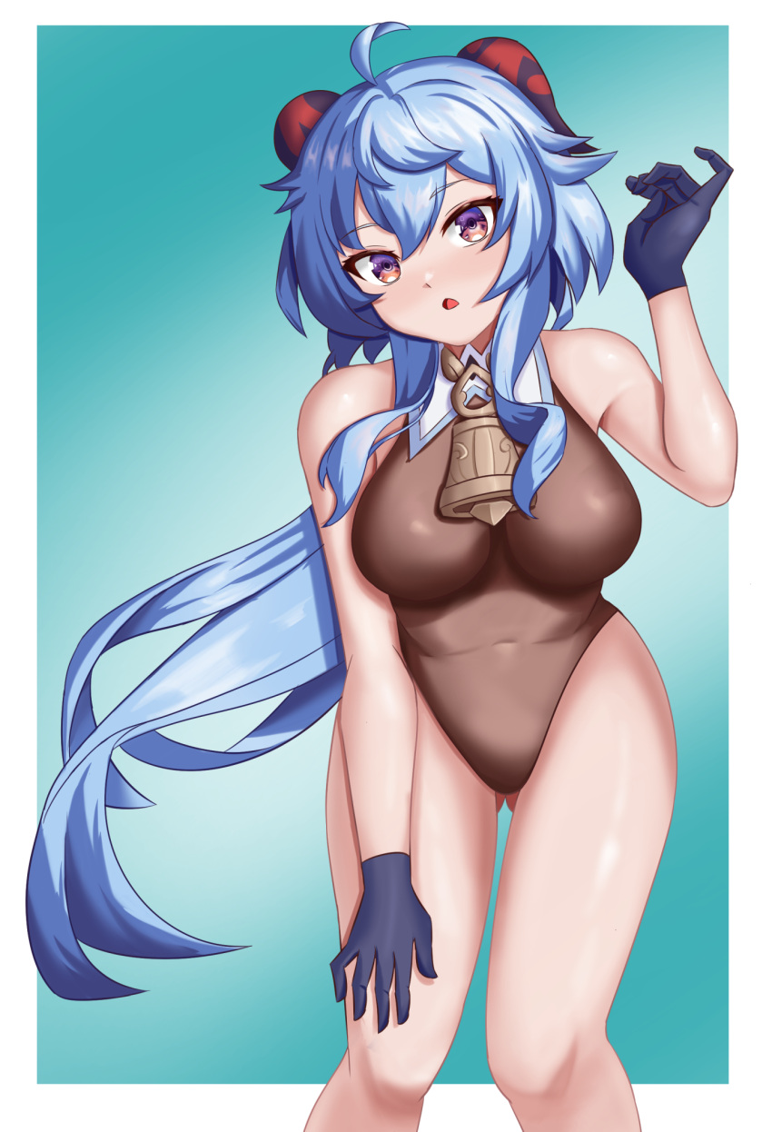 1girl ahoge ass_visible_through_thighs azurecruiser bangs bent_over black_leotard blue_gloves blue_hair blush breasts covered_navel eyebrows_visible_through_hair ganyu_(genshin_impact) genshin_impact gloves highres horns leotard looking_at_viewer medium_breasts nose_blush open_mouth sidelocks solo thighs violet_eyes