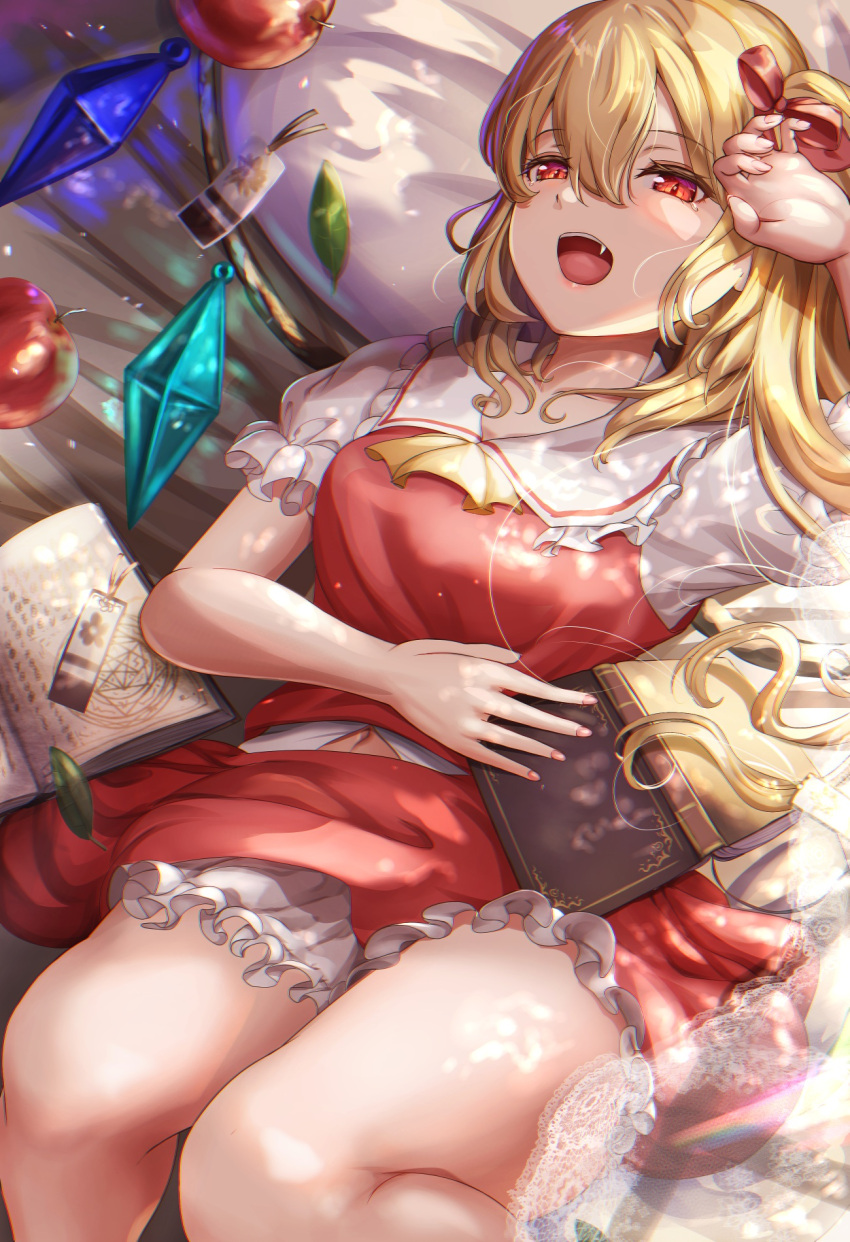 1girl :d blonde_hair book crystal fangs flandre_scarlet frilled_shirt_collar frills hair_between_eyes highres long_hair lying no_hat no_headwear on_back one_side_up open_mouth petticoat puffy_short_sleeves puffy_sleeves red_eyes red_ribbon red_skirt red_vest ribbon sabakuomoto short_sleeves skirt skirt_set smile solo thighs touhou vest wings