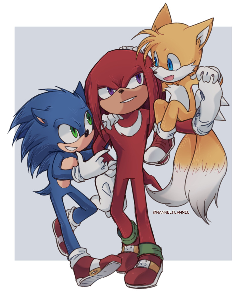3boys absurdres artist_name blue_eyes carrying_over_shoulder commentary english_commentary gloves green_eyes grey_background grin hand_on_another's_hand hand_on_another's_head hand_on_another's_shoulder highres knuckles_the_echidna looking_at_another multiple_boys multiple_tails nannelflannel no_humans open_mouth red_footwear simple_background sitting_on_shoulder slit_pupils smile sonic_(series) sonic_the_hedgehog sonic_the_hedgehog_(film) sonic_the_hedgehog_2_(film) standing tail tails_(sonic) twitter_username violet_eyes white_background white_gloves