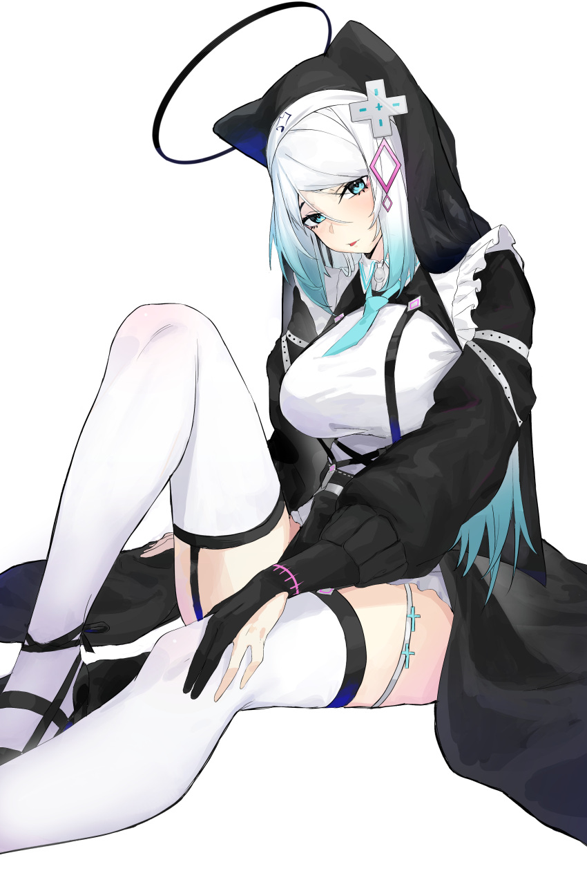 1girl :p absurdres animal_ears bare_hips belt black_dress black_footwear black_gloves blue_eyes blue_hair blush breasts d-pad d-pad_hair_ornament dress eyebrows_visible_through_hair fox_ears fox_girl frills garter_straps gloves god-ish_(vocaloid) gradient_hair habit hair_ornament hairclip halo highres indie_virtual_youtuber large_breasts leg_up long_hair long_sleeves looking_at_viewer mizuki_(vtuber) multicolored_hair nun oukafafafa partially_fingerless_gloves pelvic_curtain simple_background sitting solo suspenders thigh-highs tongue tongue_out very_long_hair virtual_youtuber white_background white_belt white_dress white_hair white_legwear