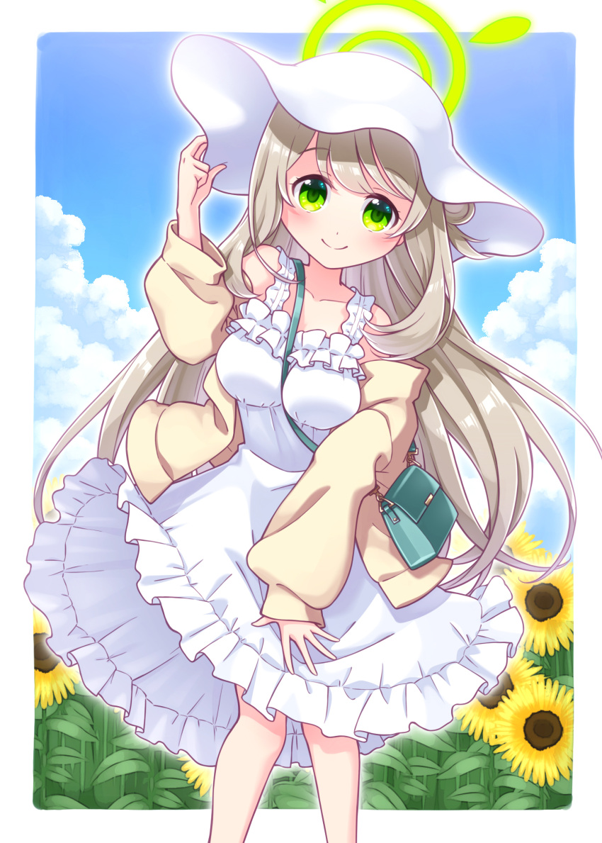1girl arm_up bag bangs bare_shoulders between_breasts blue_archive blue_sky blush breasts brown_jacket closed_mouth clouds commentary_request day dress eyebrows_visible_through_hair field flower flower_field frilled_dress frills green_eyes grey_hair halo hand_on_headwear harada_(sansei_rain) hat head_tilt highres jacket long_sleeves looking_at_viewer medium_breasts nonomi_(blue_archive) open_clothes open_jacket puffy_long_sleeves puffy_sleeves shoulder_bag sky sleeveless sleeveless_dress sleeves_past_wrists smile solo standing strap_between_breasts sunflower white_dress white_headwear yellow_flower