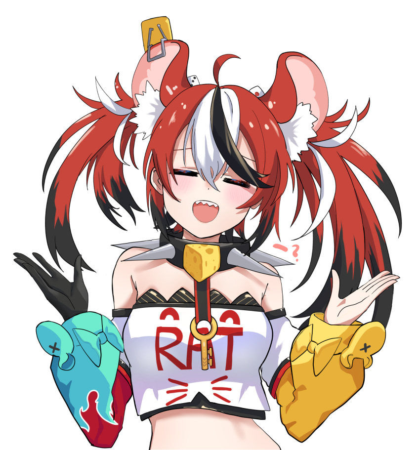 animal_ears bare_shoulders black_gloves closed_eyes collar crop_top dice_hair_ornament gloves hair_ornament hakos_baelz hands_up highres holocouncil hololive hololive_english inapple looking_at_viewer midriff mouse_ears mouse_girl off-shoulder_shirt off_shoulder open_mouth shirt single_glove spiked_collar spikes strapless strapless_shirt virtual_youtuber
