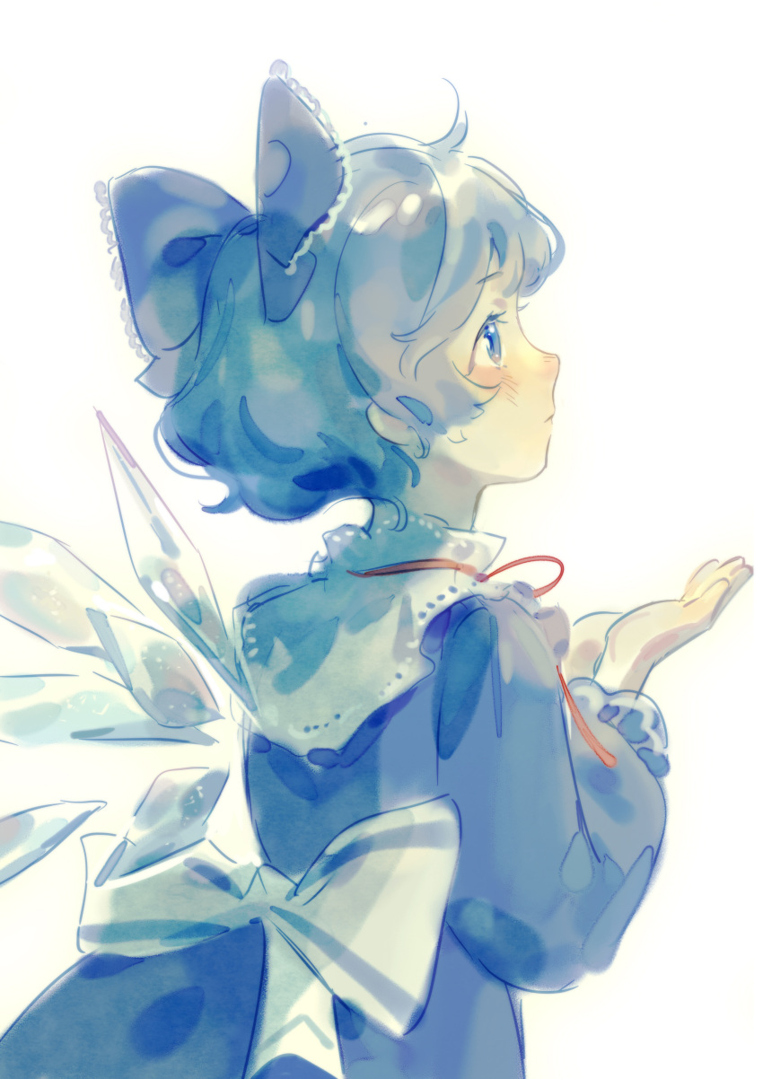 1girl :| absurdres ahoge blue_bow blue_dress blue_eyes blue_hair blush bow cirno closed_mouth collared_dress dress expressionless frilled_bow frills from_side hair_bow hands_up hidari_(nanmu-left) highres ice ice_wings looking_afar neck_ribbon red_ribbon ribbon short_hair simple_background solo symbol-only_commentary touhou upper_body waist_bow white_background white_bow wings