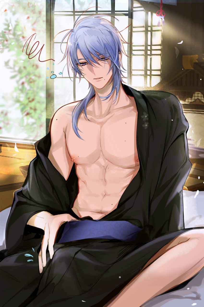 1boy bangs blue_eyes blue_hair closed_mouth genshin_impact highres japanese_clothes kamisato_ayato male_focus mole muscular muscular_male nipples open_clothes open_shirt pnk_crow short_hair simple_background