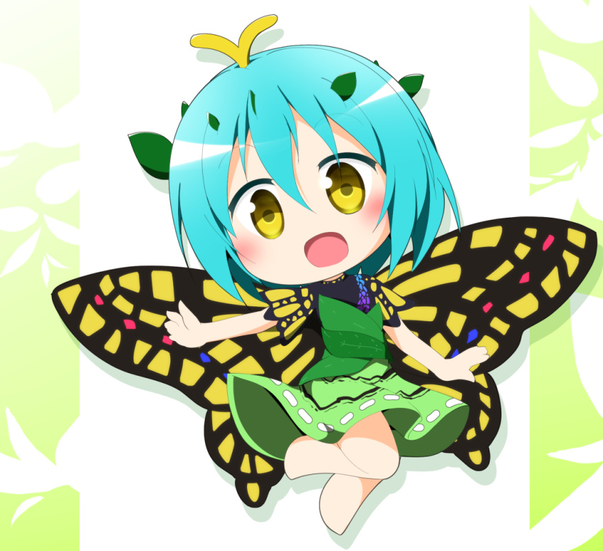 1girl antennae aqua_hair barefoot blush butterfly_wings dress eternity_larva eyebrows_visible_through_hair fairy full_body green_dress hair_between_eyes leaf leaf_on_head multicolored_clothes multicolored_dress open_mouth senba_chidori short_hair short_sleeves smile solo touhou wings yellow_eyes