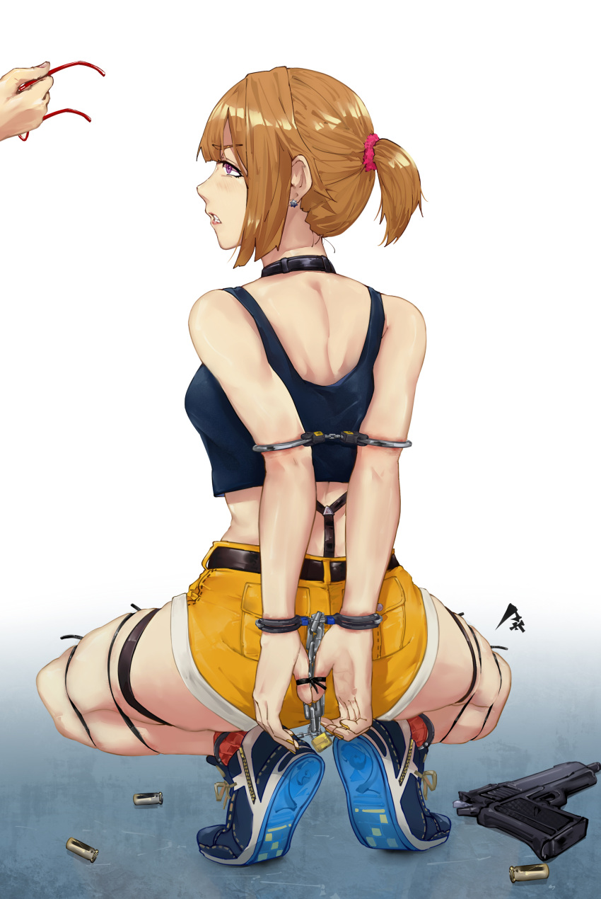 1girl absurdres arms_behind_back bangs bdsm blue_footwear bondage bound breasts chain choker commission cuffs earrings eyebrows_visible_through_hair from_behind full_body girls_frontline grizzly_mkv grizzly_mkv_(girls'_frontline) grizzly_mkv_(weekend_cop)_(girls'_frontline) gun hair_ornament hair_scrunchie handcuffs handgun highres jewelry lock official_alternate_costume padlock pick'k restrained scrunchie second-party_source shell_casing short_hair short_ponytail short_shorts shorts skindentation squatting tank_top thigh_strap violet_eyes weapon yellow_shorts