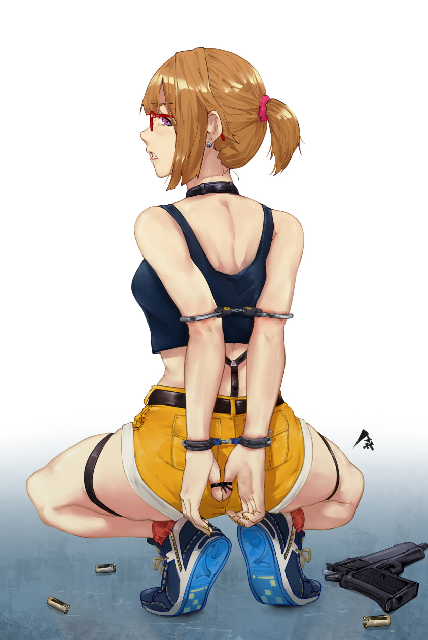 1girl absurdres arms_behind_back bangs bdsm blue_footwear bondage bound breasts choker commission cuffs earrings eyebrows_visible_through_hair from_behind full_body girls_frontline glasses grizzly_mkv grizzly_mkv_(girls'_frontline) grizzly_mkv_(weekend_cop)_(girls'_frontline) gun hair_ornament hair_scrunchie handcuffs handgun highres jewelry looking_back official_alternate_costume pick'k restrained scrunchie second-party_source short_hair short_ponytail short_shorts shorts skindentation socks squatting tank_top thigh_strap violet_eyes weapon yellow_shorts