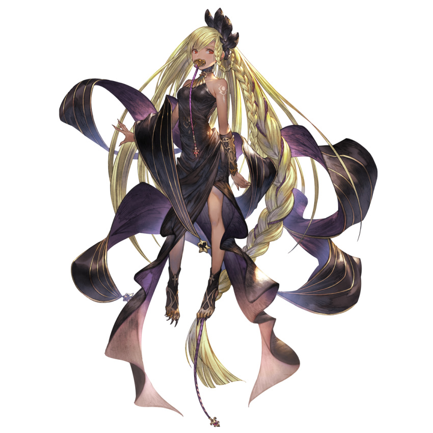 1girl arm_at_side bangs black_dress blonde_hair braid breasts dress floating granblue_fantasy helel_ben_shalem long_hair long_toenails minaba_hideo official_art pacifier red_eyes shawl shoulder_tattoo sleeveless sleeveless_dress small_breasts solo tattoo third-party_source toenails transparent_background vambraces very_long_hair