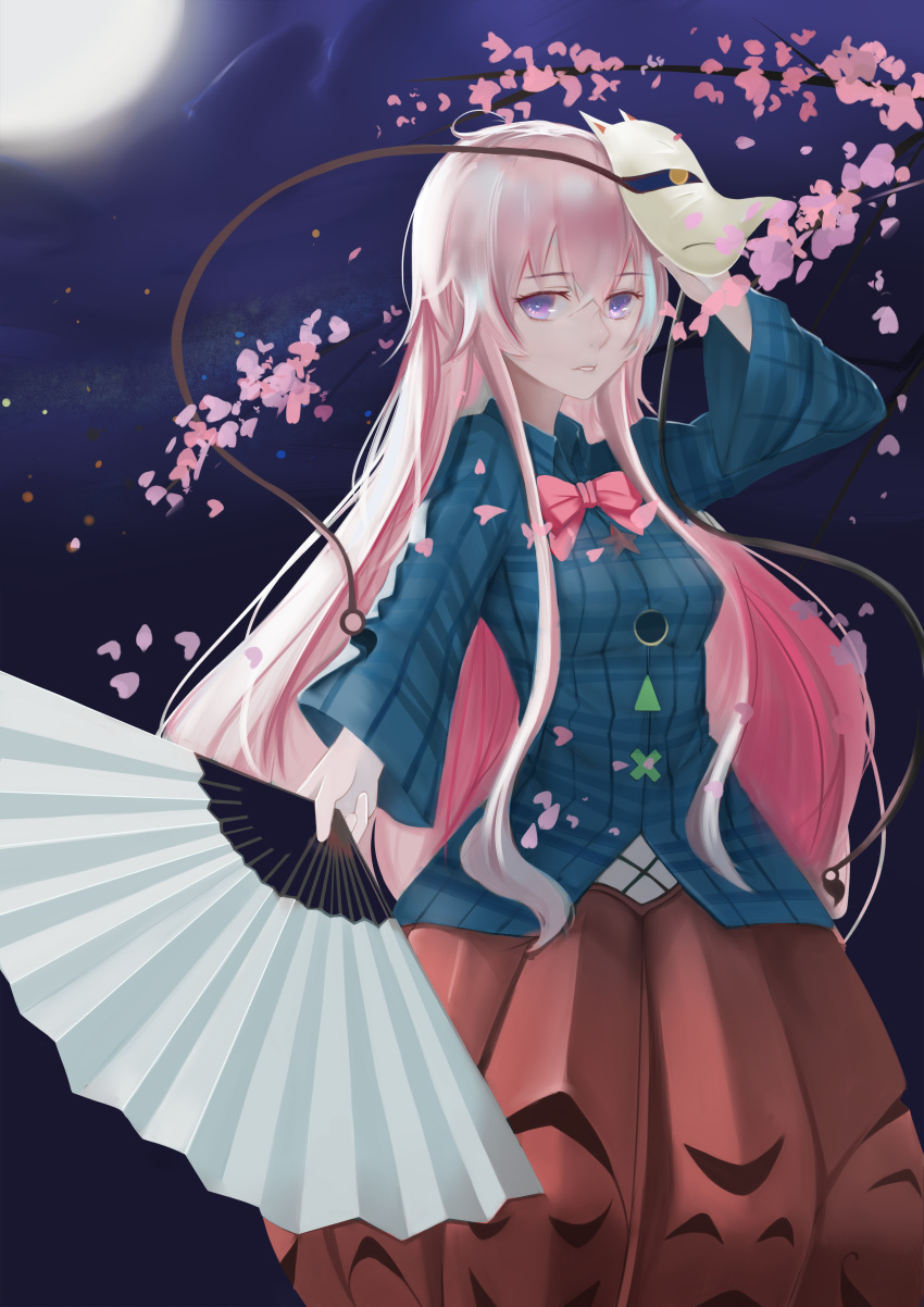 1girl absurdres blue_shirt bow bowtie branch cherry_blossoms commentary cowboy_shot expressionless eyebrows_visible_through_hair full_moon hair_between_eyes hand_fan hata_no_kokoro highres holding holding_fan hymxiaocyan long_hair long_sleeves looking_at_viewer mask mask_on_head moon noh_mask orange_skirt parted_lips pink_bow pink_bowtie pink_hair plaid plaid_shirt shirt sidelocks skirt solo touhou very_long_hair violet_eyes
