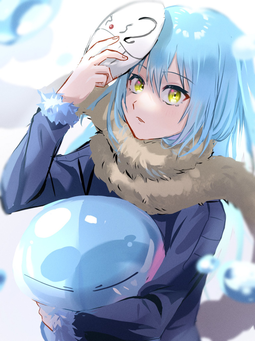 1girl blue_coat blue_hair blurry blurry_foreground coat fur-trimmed_sleeves fur_trim highres holding holding_mask long_sleeves looking_at_viewer mask medium_hair parted_lips rimuru_tempest sayu0511 scarf shiny shiny_hair sketch solo tensei_shitara_slime_datta_ken upper_body yellow_eyes