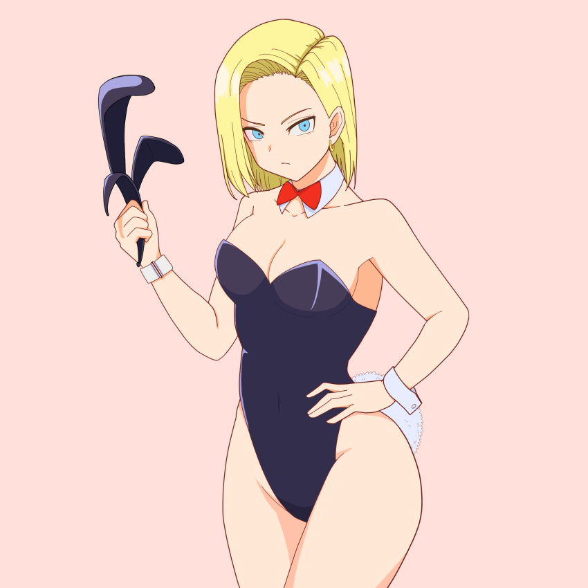 1girl android_18 animal_ears bare_legs blonde_hair blue_eyes bow bowtie breasts commentary_request cowboy_shot detached_collar dragon_ball dragon_ball_z drill_bulbul fake_animal_ears hairband_removed hand_on_hip highres looking_at_viewer medium_breasts pink_background playboy_bunny rabbit_ears rabbit_tail red_bow red_bowtie short_hair simple_background solo standing tail wrist_cuffs