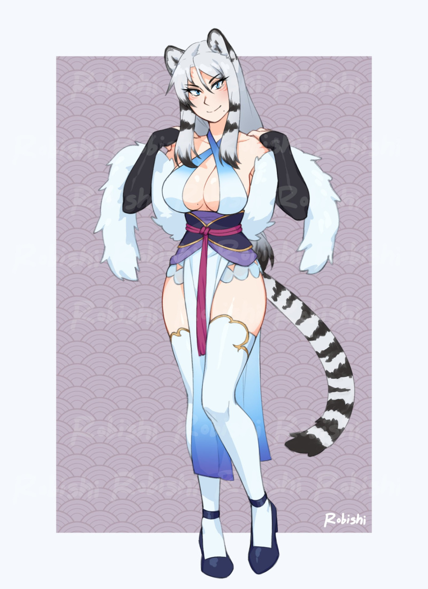 1girl animal_ear_fluff animal_ears artist_name black_hair blue_eyes breasts commentary detached_sleeves english_commentary full_body hairband halterneck highres long_hair medium_breasts mole mole_under_mouth multicolored_hair original pelvic_curtain rob_ishi simple_background smile solo tail thigh-highs tiger_ears tiger_girl tiger_tail two-tone_hair watermark white_hairband white_legwear