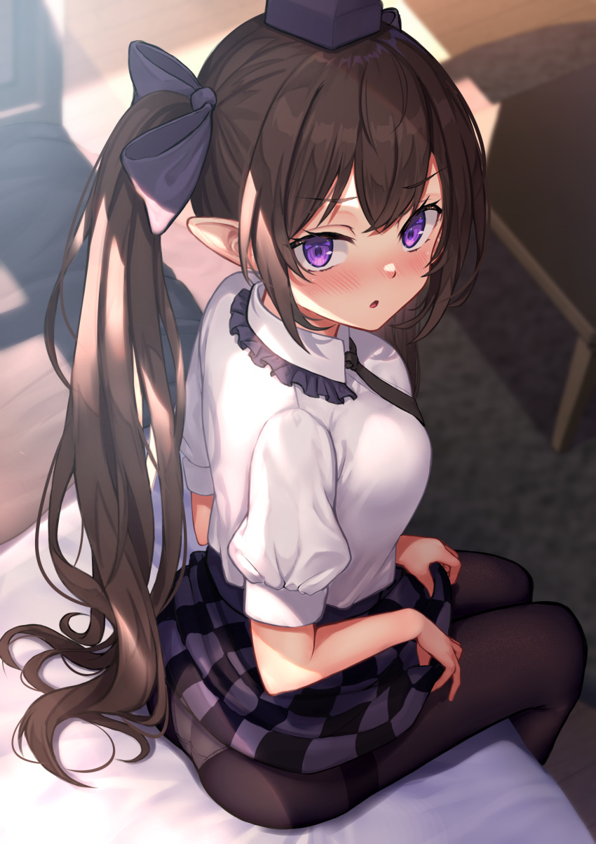 1girl ass bangs black_legwear black_skirt blush bow breasts brown_hair checkered_clothes checkered_skirt commentary_request eyebrows_visible_through_hair frilled_shirt_collar frills hair_between_eyes hair_bow hair_ribbon hat highres himekaidou_hatate indoors long_hair looking_at_viewer medium_breasts miniskirt nose_blush panties panties_under_pantyhose pantyhose pointy_ears puffy_short_sleeves puffy_sleeves purple_bow purple_headwear purple_skirt ribbon shirt short_sleeves sitting skirt solo tokin_hat touhou twintails underwear very_long_hair violet_eyes white_shirt wowoguni