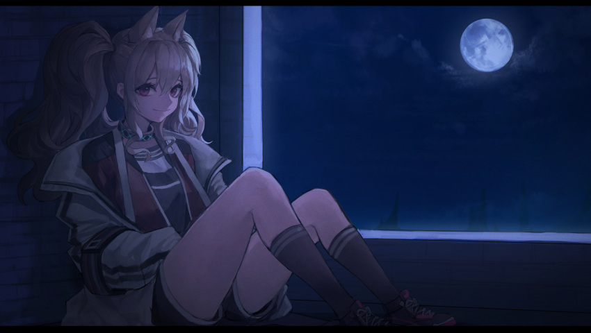 1girl against_wall angelina_(arknights) animal_ear_fluff animal_ears arknights bangs black_footwear black_legwear black_shirt black_shorts breasts closed_mouth coat collar eyebrows_visible_through_hair fox_ears full_moon hair_between_eyes highres indoors infection_monitor_(arknights) jacket kneehighs knees_up long_hair long_sleeves looking_at_viewer moon night night_sky on_floor open_clothes open_coat open_jacket red_eyes red_jacket shirt shoes shorts sky smile sneakers solo thighs twintails white_coat window yogu_(user_rxdx2445)