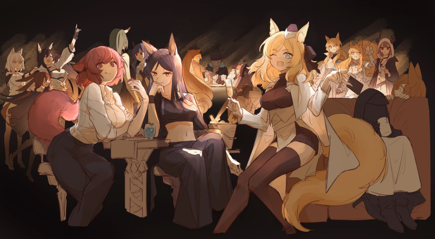 2others 6+girls :q ;d alcohol alternate_costume amiya_(arknights) animal_ear_fluff animal_ears arknights arm_up armchair black_coat black_hair black_headwear black_pants black_shorts blaze_(arknights) blemishine_(arknights) blonde_hair blue_eyes breasts brown_eyes brown_hair brown_legwear bucket cat_ears ceobe_(arknights) ch'en_(arknights) chair champagne champagne_flute closed_mouth coat collared_shirt crop_top cropped_legs cup dobermann_(arknights) doctor_(arknights) dog_ears dress drinking drinking_glass dur-nar_(arknights) garrison_cap green_hair hat highres holding holding_cup hood hooded_jacket horns horns_through_hood horse_ears horse_girl horse_tail hoshiguma_(arknights) jacket jumpsuit kal'tsit_(arknights) kaleka large_breasts long_sleeves looking_at_viewer mask medium_breasts midriff mole mole_under_eye multiple_girls multiple_others navel nearl_(arknights) nearl_the_radiant_knight_(arknights) one_eye_closed open_clothes open_coat pallas_(arknights) pants parted_lips pink_eyes pink_hair rabbit_ears red_eyes shirt short_hair shorts silver_hair sitting smile stomach swire_(arknights) table tail thigh-highs tongue tongue_out underbust vulcan_(arknights) waving whislash_(arknights) white_dress white_jumpsuit white_shirt