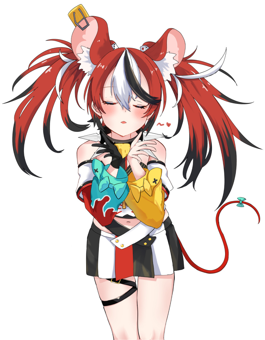animal_ears bare_shoulders black_gloves closed_eyes collar crop_top dice_hair_ornament gloves hair_ornament hakos_baelz heart highres holocouncil hololive hololive_english inapple looking_at_viewer midriff mouse_ears mouse_girl off-shoulder_shirt off_shoulder open_mouth shirt single_glove spiked_collar spikes strapless strapless_shirt virtual_youtuber