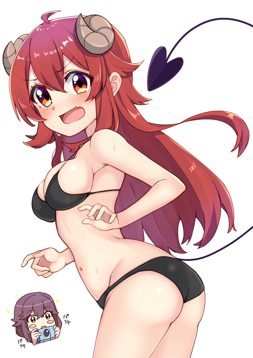 2girls absurdres ahoge ao_(flowerclasse) ass bangs bare_arms bare_shoulders bikini black_bikini blush blush_stickers breasts brown_hair camera chibi chibi_inset commentary_request curled_horns demon_girl demon_horns demon_tail eyebrows_visible_through_hair groin hair_between_eyes highres holding holding_camera horns long_hair machikado_mazoku medium_breasts multiple_girls navel red_eyes siblings simple_background sisters solo_focus sparkle sweat swimsuit tail translation_request very_long_hair white_background yoshida_ryouko yoshida_yuuko_(machikado_mazoku)