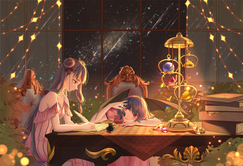 2girls absurdres bare_shoulders bat_wings blue_bow blue_hair blush book book_stack bow chair closed_mouth commentary double_bun dress eyebrows_visible_through_hair gem gold hair_bow hair_over_shoulder highres holding holding_gem indoors ink_bottle lips long_hair looking_at_object multiple_girls night night_sky no_hat no_headwear off-shoulder_dress off_shoulder on_chair orange_gemstone orb paper patchouli_knowledge pink_dress plant puffy_short_sleeves puffy_sleeves purple_hair quill red_bow red_eyes red_gemstone remilia_scarlet shooting_star short_hair short_sleeves sitting sky smile star_(sky) starry_sky striped striped_dress table touhou vertical-striped_dress vertical_stripes very_long_hair violet_eyes wanmian weighing_scale window wings writing