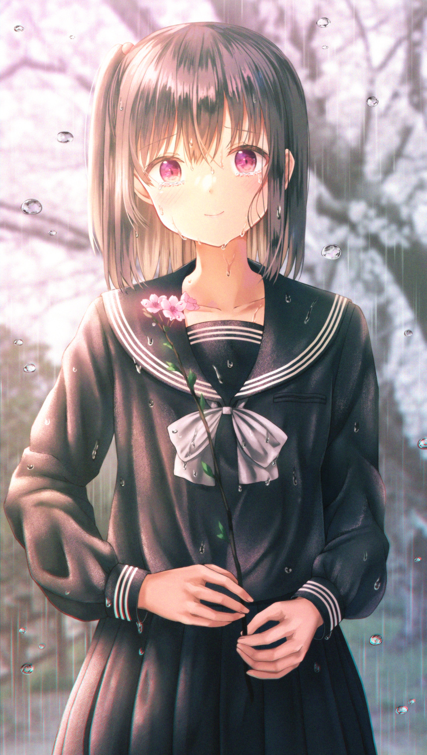 1girl absurdres bangs black_sailor_collar black_serafuku black_shirt black_skirt blurry blurry_background blush bow bowtie brown_hair closed_mouth collarbone collared_shirt crying crying_with_eyes_open eyebrows_visible_through_hair flower hair_between_eyes hair_bobbles hair_ornament highres holding holding_flower kyuupura long_hair long_sleeves looking_at_viewer original outdoors pleated_skirt rain red_eyes sailor_collar sailor_shirt school_uniform serafuku shiny shiny_hair shirt side_ponytail skirt smile solo standing tears wet wet_clothes wet_shirt wet_skirt white_bow white_bowtie