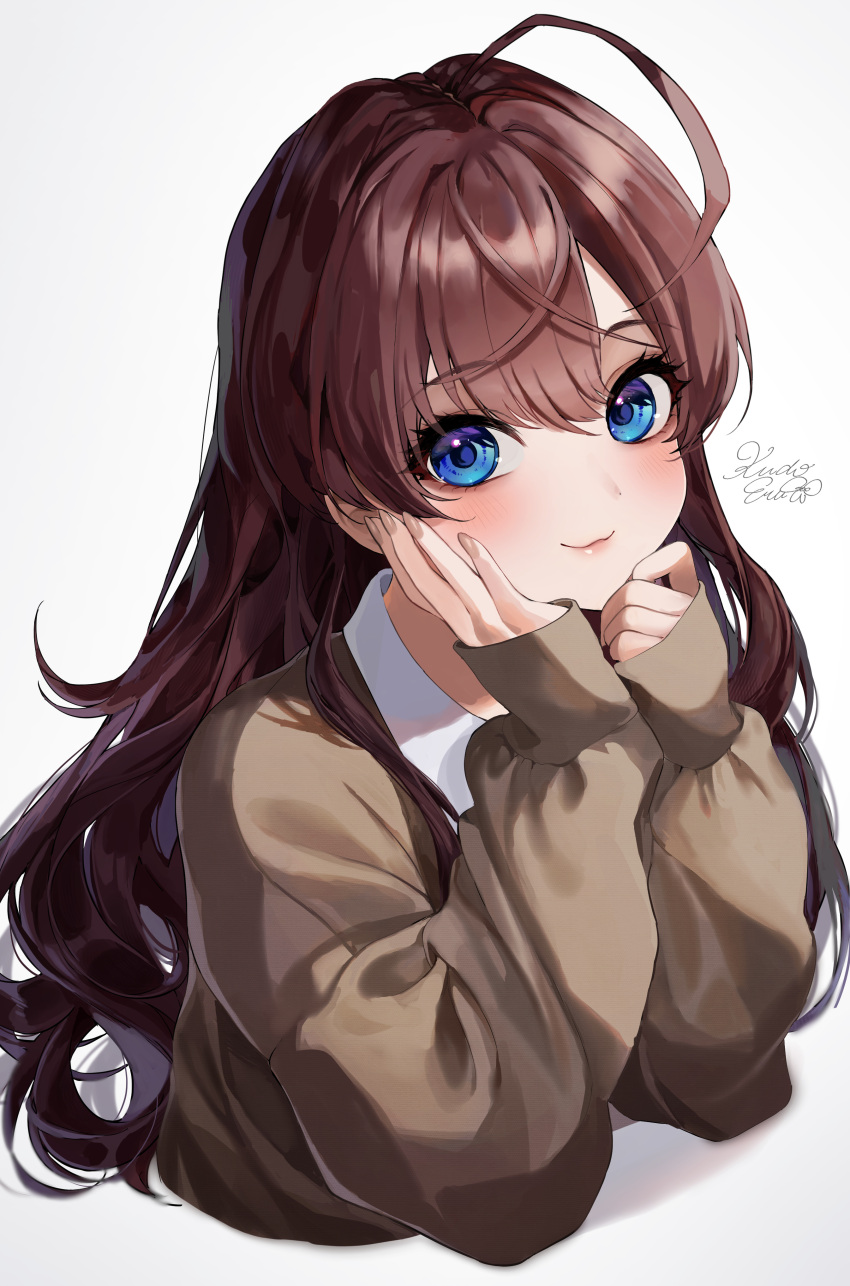 1girl :3 absurdres ahoge artist_name bangs blue_eyes blush brown_hair closed_mouth eyebrows_visible_through_hair grey_background hands_on_own_cheeks hands_on_own_face head_rest highres ichinose_shiki idolmaster idolmaster_cinderella_girls kudou_(sikisiki0000) long_hair long_sleeves looking_at_viewer shirt signature simple_background sleeves_past_wrists smile solo sweater upper_body