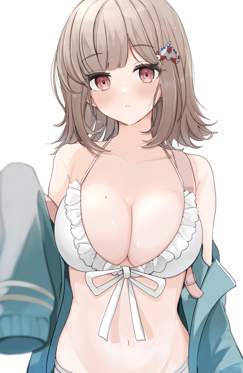 1girl absurdres backpack bag bangs bare_shoulders bikini blush breasts brown_eyes brown_hair collarbone commentary_request danganronpa_(series) danganronpa_2:_goodbye_despair etoria eyebrows_visible_through_hair flipped_hair front-tie_bikini front-tie_top galaga green_jacket grey_background hair_ornament highres jacket large_breasts long_sleeves looking_at_viewer medium_hair mole mole_on_breast nanami_chiaki navel off_shoulder official_alternate_costume parted_lips simple_background solo stomach swimsuit teeth upper_body white_bikini
