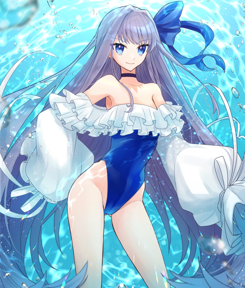1girl bare_shoulders blue_bow blue_choker blue_eyes blue_swimsuit bow bubble choker closed_mouth cowboy_shot fate/grand_order fate_(series) frills hair_bow highleg highleg_swimsuit highres long_hair looking_at_viewer meltryllis_(fate) meltryllis_(swimsuit_lancer)_(fate) meltryllis_(swimsuit_lancer)_(second_ascension)_(fate) purple_hair sleeves_past_wrists smile solo standing strapless strapless_swimsuit swimsuit thighs tkdsyk water