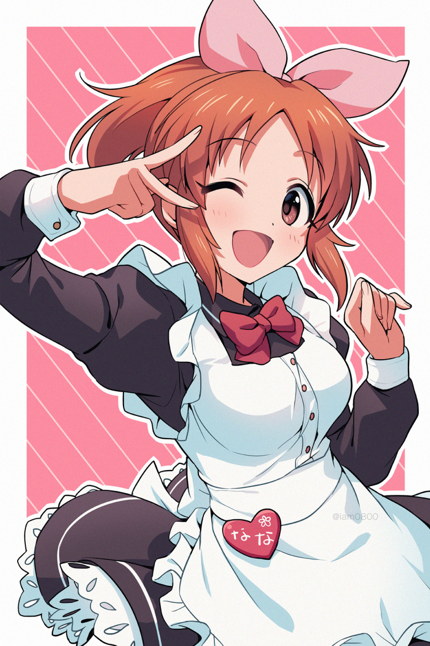 1girl ;d abe_nana alternate_costume apron asada_hachi bangs banned_artist black_dress blush border bow bowtie breasts brown_eyes buttons commentary diagonal_stripes dress enmaided eyebrows_visible_through_hair frilled_apron frills hair_bow hands_up happy heart highres idolmaster idolmaster_cinderella_girls long_sleeves looking_at_viewer maid one_eye_closed open_mouth orange_hair outline outside_border pink_bow ponytail puffy_long_sleeves puffy_sleeves red_bow red_bowtie short_hair smile solo standing striped striped_background twitter_username v v_over_eye watermark white_apron white_border white_outline