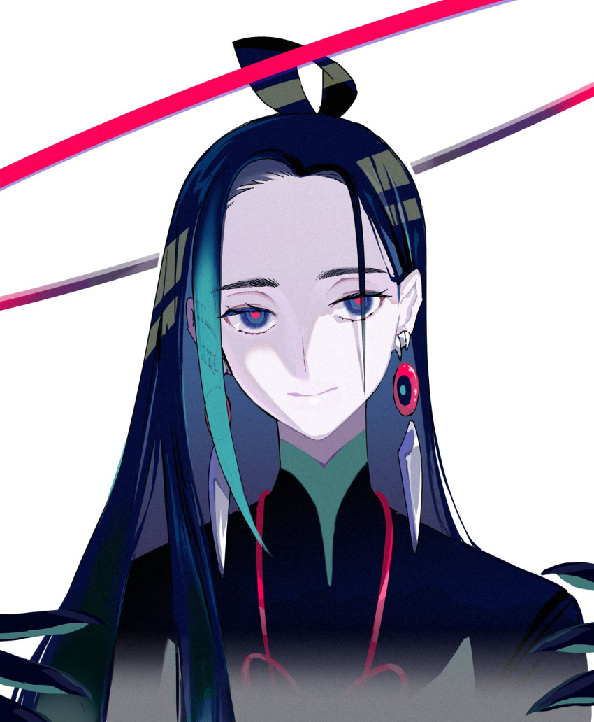 1boy black_hair blue_eyes blue_hair chinese_clothes closed_mouth commentary_request earrings face fate/grand_order fate_(series) gloves halo highres jewelry k500yen light_smile long_hair long_sleeves looking_at_viewer male_focus multicolored_eyes multicolored_hair pale_skin red_eyes simple_background smile solo taisui_xingjun_(fate) white_background