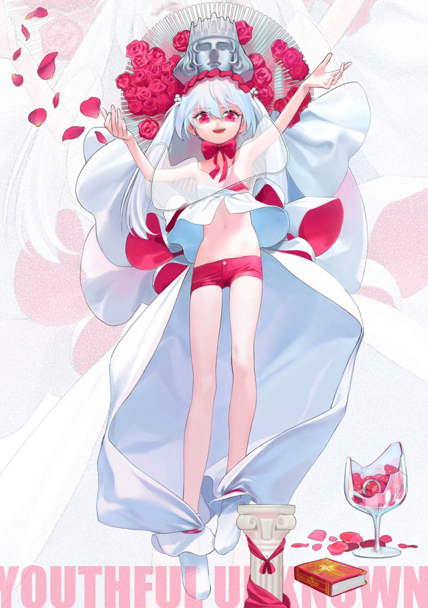 1girl arms_up bare_legs bare_shoulders book bow bowtie broken_glass cup dress drinking_glass flat_chest flower full_body glass highres kaede_(shijie_heping) long_hair navel open_mouth original pedestal petals red_bow red_eyes red_flower red_rose red_shorts rose short_shorts shorts smile socks solo statue twintails veil white_dress white_hair white_legwear