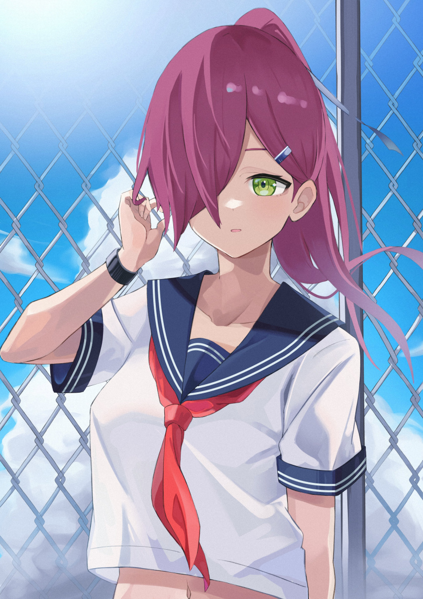 1girl absurdres azur_lane blue_sailor_collar breasts clouds collarbone fence green_eyes hair_between_eyes hair_ornament hair_over_eyes hairclip hand_in_own_hair highres navel neckerchief official_alternate_costume one_eye_covered open_mouth outdoors pink_hair ponytail red_neckerchief sailor_collar school_uniform serafuku shirt short_sleeves sky soar_sora222 solo standing sun trieste_(azur_lane) trieste_(rooftop_lunch_break)_(azur_lane) upper_body watch white_shirt
