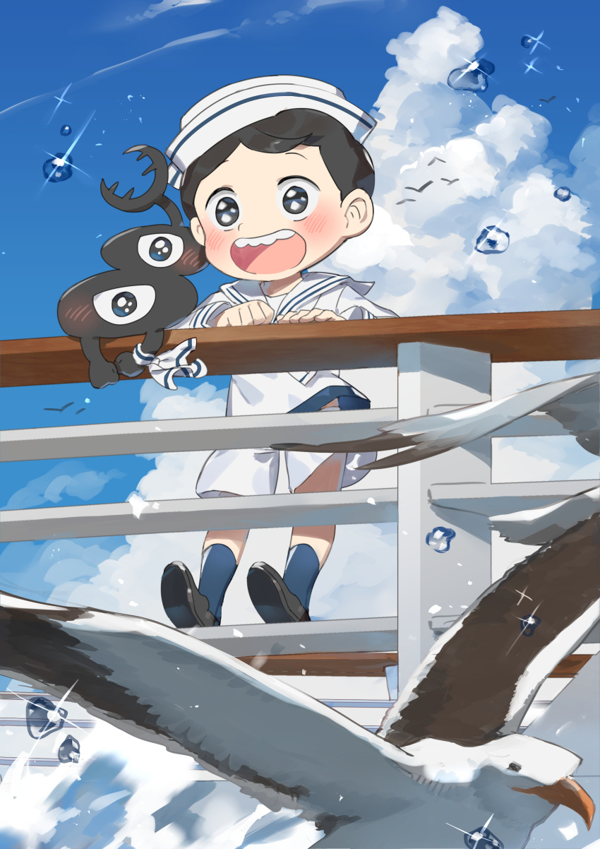 1boy :d absurdres alternate_costume aooni bangs bird black_footwear black_hair blue_legwear blush bojji clouds contemporary day happy hat highres kage_(ousama_ranking) long_sleeves male_focus open_mouth ousama_ranking outdoors sailor sailor_collar shirt shoes short_hair shorts sky smile socks sparkle standing symbol-only_commentary teeth tongue upper_teeth water_drop white_headwear white_shirt white_shorts