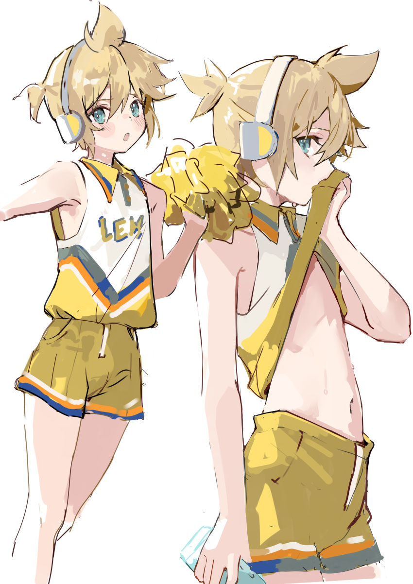 1boy :o absurdres androgynous bare_legs blue_eyes blush bottle clothes_lift commentary cowboy_shot feet_out_of_frame highres holding holding_bottle kagamine_len lifted_by_self male_focus multiple_views navel pom_pom_(cheerleading) shirt shirt_lift shorts sideways_glance simple_background sketch sleeveless sleeveless_shirt standing symbol-only_commentary vocaloid white_background wumumu yellow_shorts