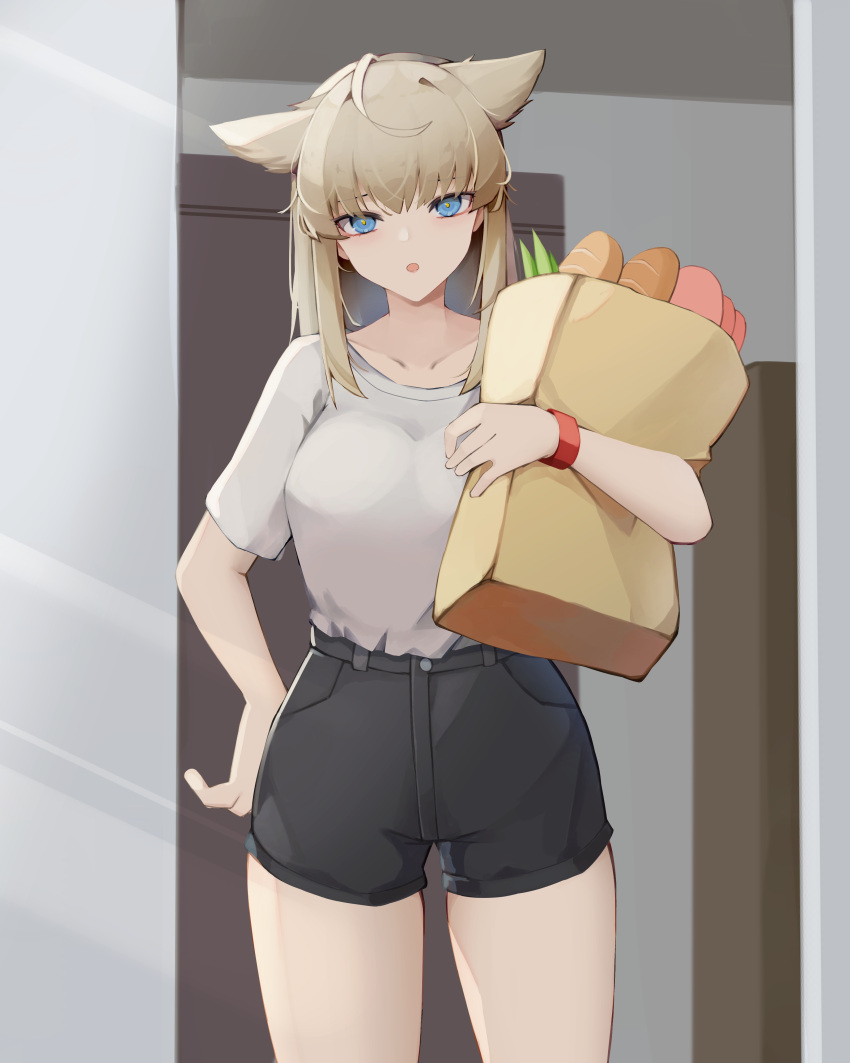 1girl :o absurdres alternate_costume animal_ears arknights arknights:_endfield bag bangs black_shorts blonde_hair blue_eyes bread breasts casual collarbone cowboy_shot eyebrows_visible_through_hair food grey_shirt grocery_bag hand_on_hip highres holding holding_bag indoors long_hair medium_breasts open_mouth perlica_(arknights) shirt shopping_bag short_sleeves shorts solo wristband yuu_azma