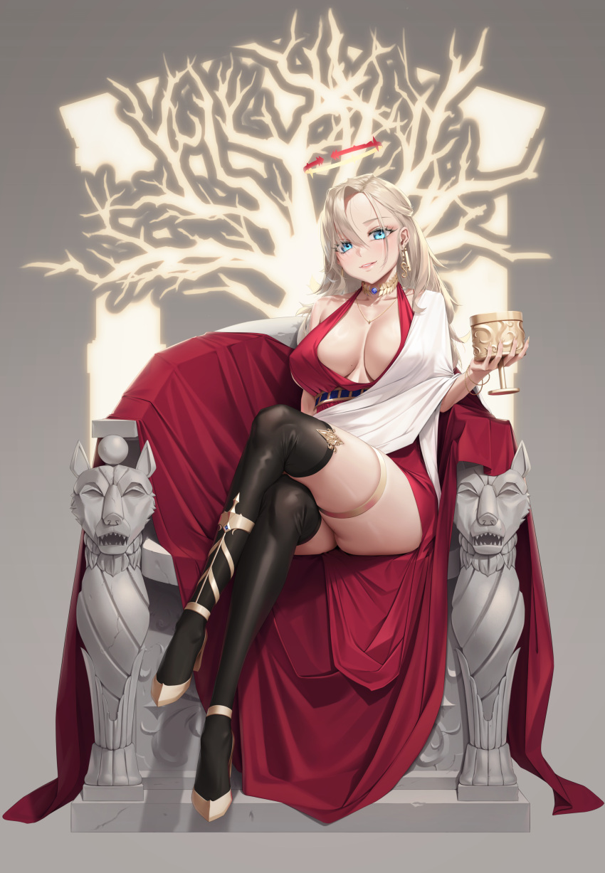 1girl absurdres ass bangle bangs black_legwear blonde_hair blue_eyes bracelet breasts breasts_apart crossed_legs dress ear_piercing earrings eyelashes full_body goblet grey_background halo highres holding houchi_shoujo jewelry large_breasts long_hair looking_at_viewer no_bra parted_lips piercing red_dress shoes silver_tokki sitting smile solo thigh-highs throne white_background