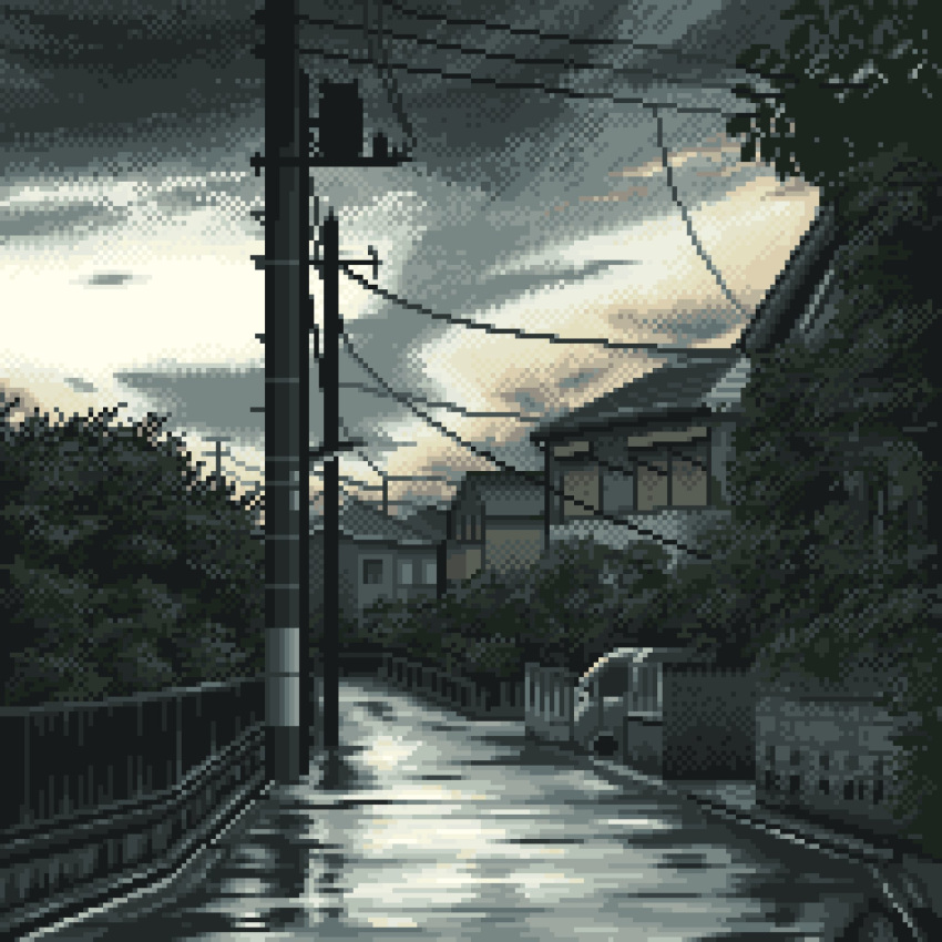 after_rain bush car city clouds daisen_(specialdaisen) ground_vehicle highres house morning motor_vehicle no_humans original outdoors pixel_art scenery sky still_life utility_pole