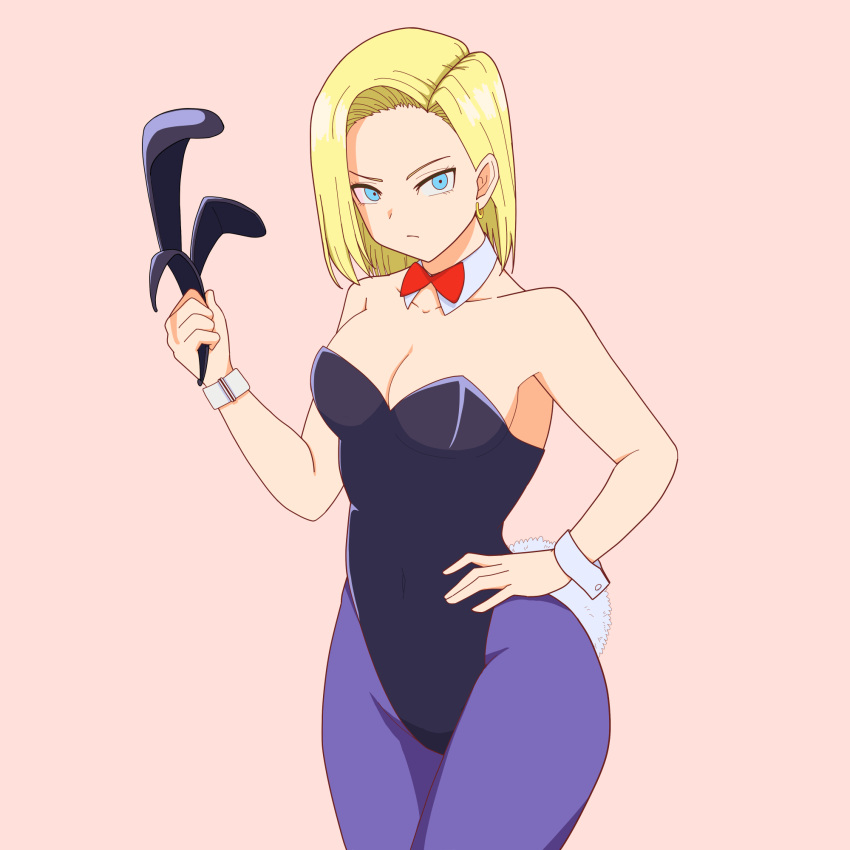 1girl android_18 animal_ears blonde_hair blue_eyes bow bowtie breasts commentary_request cowboy_shot detached_collar dragon_ball dragon_ball_z drill_bulbul fake_animal_ears hairband_removed hand_on_hip highres looking_at_viewer medium_breasts pink_background playboy_bunny purple_legwear rabbit_ears rabbit_tail red_bow red_bowtie short_hair simple_background solo standing tail wrist_cuffs