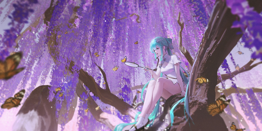 1girl absurdly_long_hair absurdres bangs bare_legs blue_bow blue_eyes blue_hair bow bug butterfly china_dress chinese_clothes dress flower from_below hair_between_eyes hair_bow hatsune_miku highres holding in_tree long_hair no_panties open_mouth short_dress short_sleeves side_slit sitting sitting_in_tree socks solo tree ttk_(kirinottk) very_long_hair vocaloid white_dress white_legwear wisteria