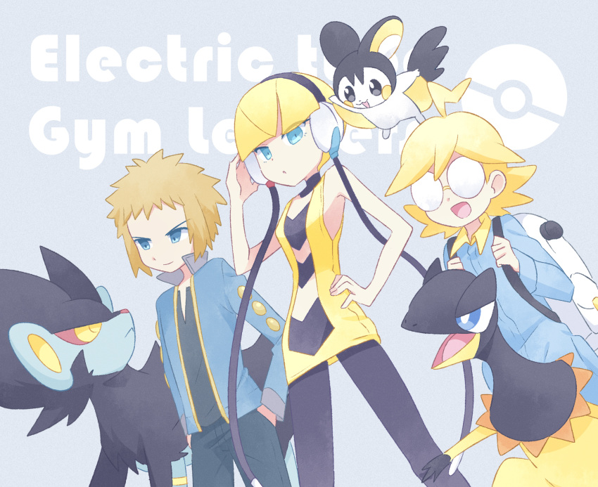 1girl 2boys ahoge akasaka_(qv92612) backpack bag bangs black_pants black_shirt blonde_hair blue_eyes blue_jacket blue_jumpsuit blunt_bangs clemont_(pokemon) commentary_request elesa_(pokemon) emolga glasses grey_background hand_on_hip headphones heliolisk highres jacket jumpsuit long_sleeves luxray medium_hair multiple_boys opaque_glasses open_clothes open_jacket pants poke_ball_symbol pokemon pokemon_(creature) pokemon_(game) pokemon_bw pokemon_dppt pokemon_xy round_eyewear shirt spiky_hair volkner_(pokemon) white_bag