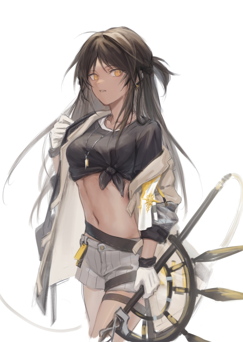 1girl absurdres alternate_hair_length alternate_hairstyle arknights black_hair black_shirt breasts cowboy_shot crop_top genderswap genderswap_(mtf) gloves grey_jacket grey_shorts half_updo highres holding holding_weapon jacket jewelry jumao long_hair long_sleeves looking_at_viewer medium_breasts midriff navel necklace off_shoulder open_clothes open_jacket parted_lips shirt short_shorts shorts simple_background solo standing stomach thorns_(arknights) tied_shirt weapon white_background white_gloves yellow_eyes