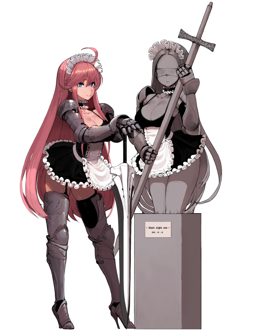 1girl absurdres ahoge apron arched_back armor armored_boots ass_visible_through_thighs bangs black_choker black_gloves black_legwear blindfold blue_eyes boots breasts choker claymore_(sword) commentary_request counter:side dated deliciousmeatart dress elbow_gloves frilled_apron frilled_choker frills full_body garter_straps gauntlets gloves greaves hair_between_eyes high_heel_boots high_heels highres holding holding_sword holding_weapon korean_commentary lance large_breasts long_hair maid maid_headdress making-of_available microdress original panties pink_hair polearm simple_background skindentation smile standing statue straight_hair strap_gap sword thigh-highs underwear very_long_hair waist_apron weapon white_apron white_background white_panties