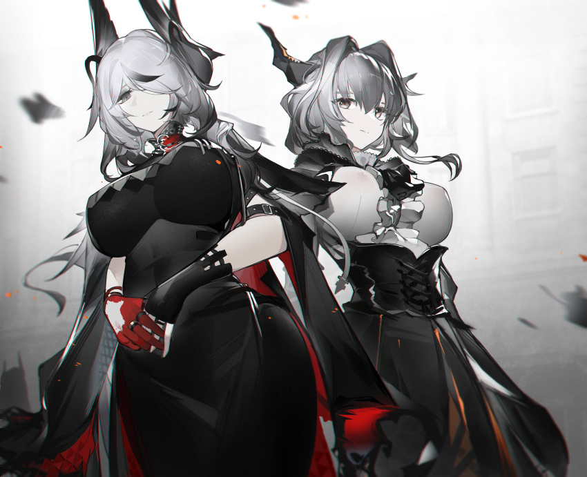 2girls absurdres arknights backlighting black_dress black_gloves black_hair black_skirt breasts center_frills character_request closed_mouth cowboy_shot dragon_horns dress fingerless_gloves frilled_shirt frills gloves grey_eyes hair_intakes hair_over_one_eye high-waist_skirt highres horns impossible_clothes impossible_dress jewelry large_breasts looking_at_viewer looking_down multicolored_hair multiple_girls multiple_rings one_eye_covered own_hands_together red_gloves ring shirt silver_hair skirt streaked_hair talulah_(arknights) white_shirt yushi_quetzalli