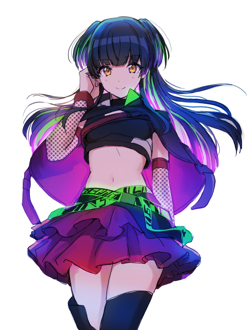 1girl bangs belt black_hair blue_legwear blunt_bangs breasts cowboy_shot crop_top detached_sleeves eyebrows_visible_through_hair floating_hair hand_in_own_hair highres idolmaster idolmaster_shiny_colors kneeichigo layered_skirt long_hair long_sleeves looking_at_viewer mayuzumi_fuyuko midriff miniskirt multicolored_hair navel pleated_skirt polka_dot_sleeves purple_skirt shiny shiny_hair simple_background sketch skirt small_breasts solo standing stomach thigh-highs two_side_up very_long_hair white_background yellow_eyes zettai_ryouiki
